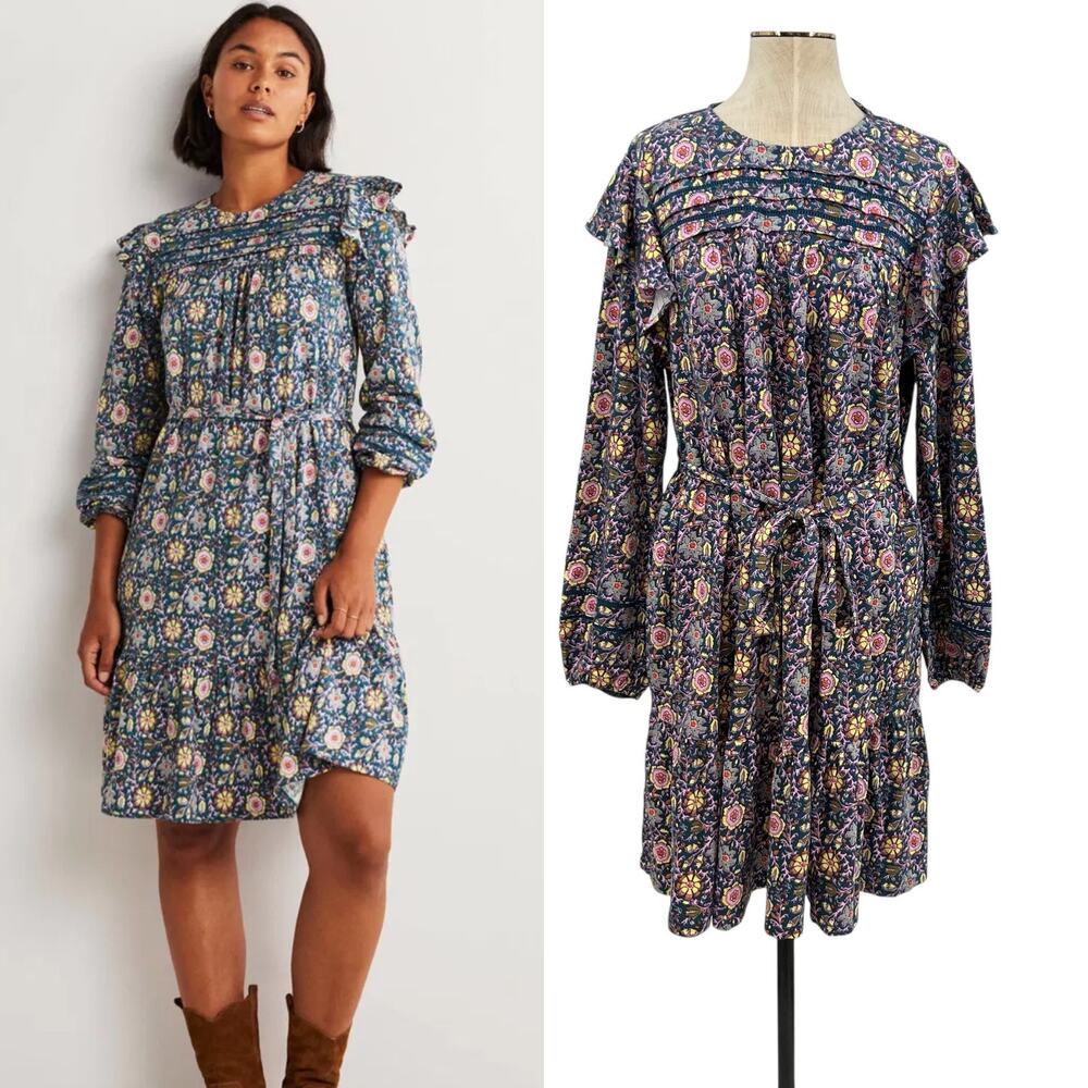 Boden Trim Detail Jersey Dress Long Sleeve Floral Print Blue Size US 14R‎